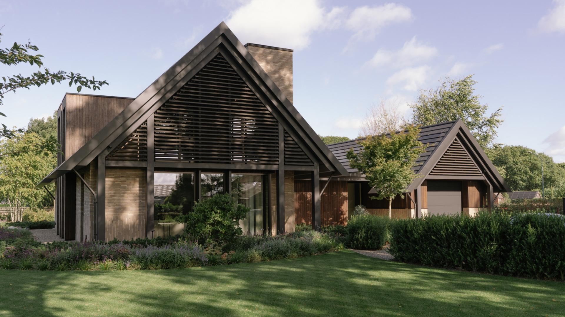 Moderne villa met zadeldak en verticale houten gevelbekleding in Project TM.